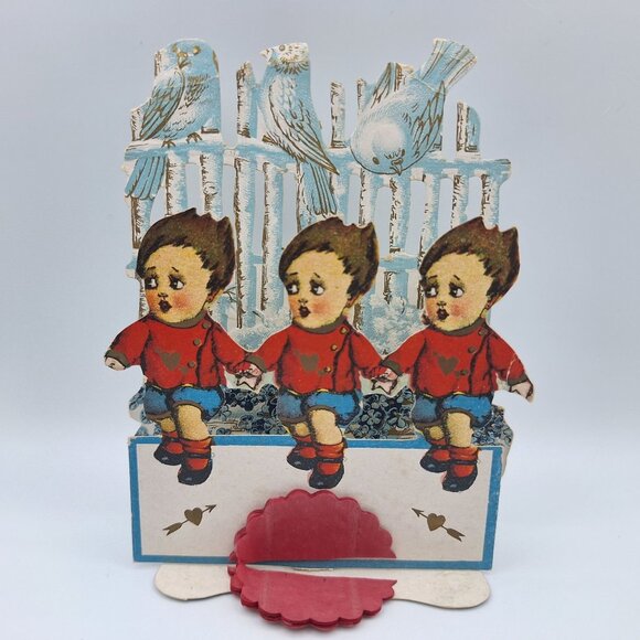 Vintage Valentine Pop Up Card Lovebirds Hearts Children Boys‎ Love Combine Token - Picture 1 of 8